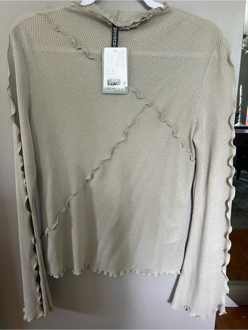 Zara Beige Ribbed Long-Sleeve Top with Lettuce Trim